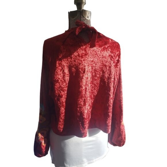 System Red Velvet Embroidered Sleeve Midi Blouse, Sz L - Picture 8 of 16
